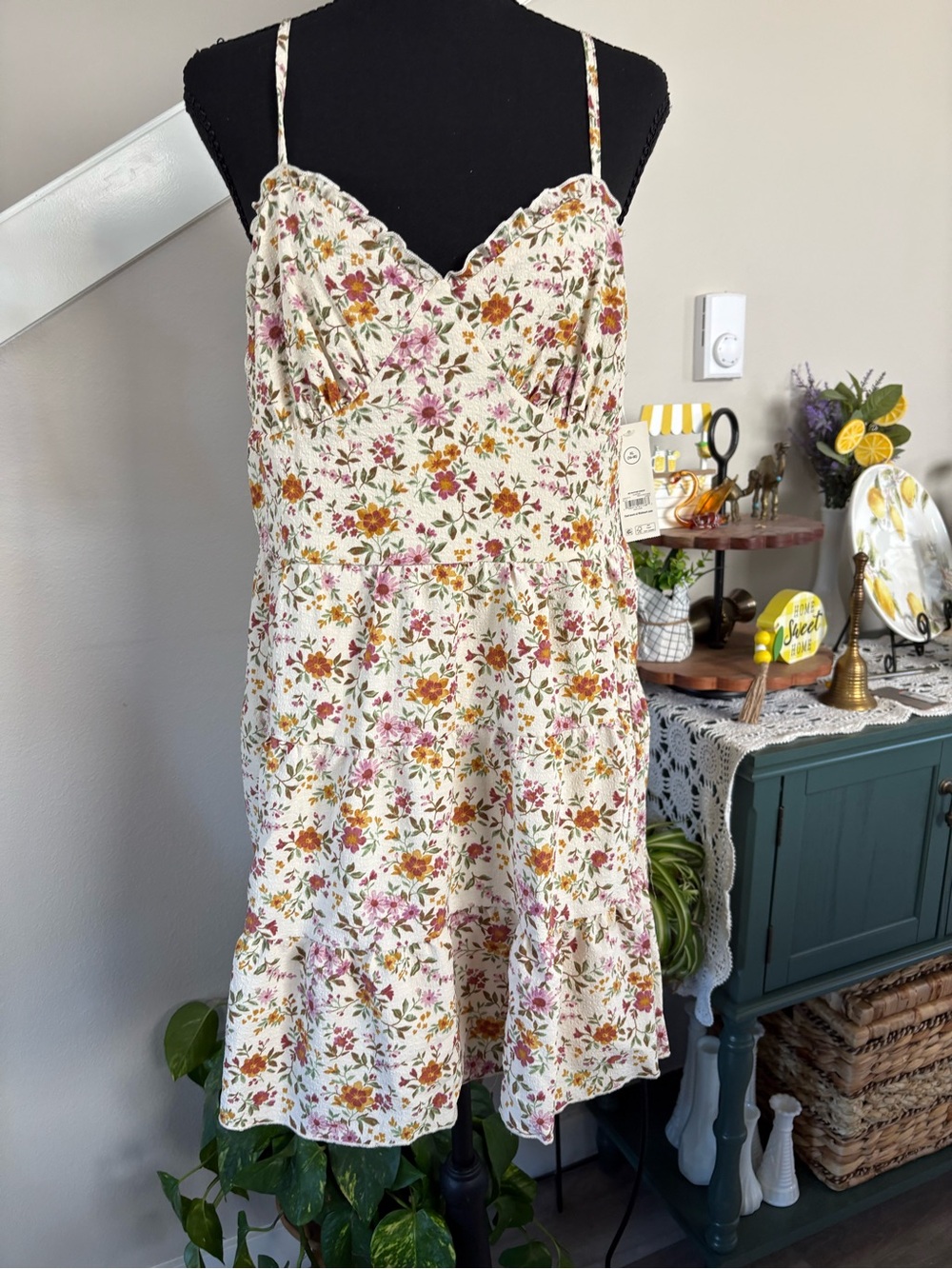 No Boundaries Cream Floral Spaghetti-Strap Mini Dress with Pink and Rust Flowers